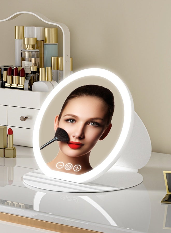 مرآة مكياج قابلة للطي، مرآة عالية الدقة مع إضاءة LED، مصدر ضوء ثلاثي الألوان، دعم زاوية قابل للتعديل (بيضاء) - Image 1